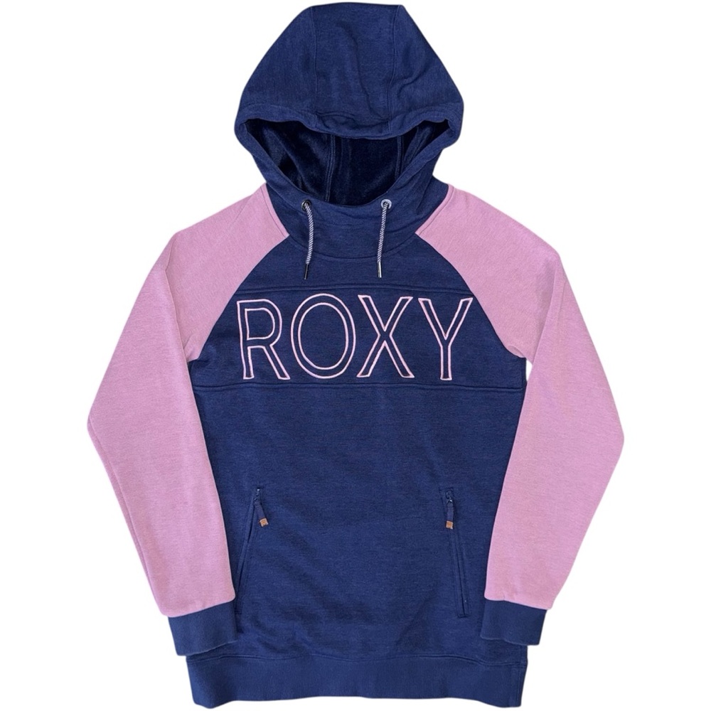 ROXY Liberty Pullover Technical Hoodie XS Pink Blue Fleece Lined Thumbholes